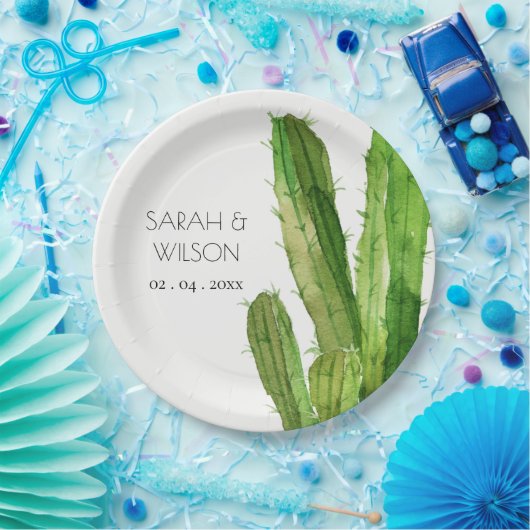 緑モダンの砂漠サボテンの葉水色 ペーパープレート (パーティー)
