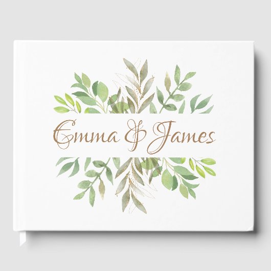 緑モダンの結婚イニシャル付きのゲストブック。 ゲストブック (正面)