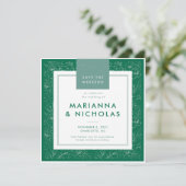 緑モダンの花柄の結婚式の日付を保存 セーブザデート (スタンド正面)