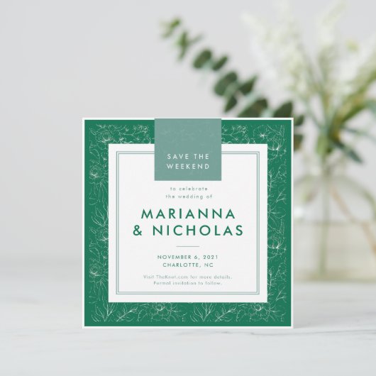 緑モダンの花柄の結婚式の日付を保存 セーブザデート (スタンド正面)