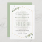 緑モダンの葉と金ゴールドフレームの結婚式の日 メニュー (正面/裏面)
