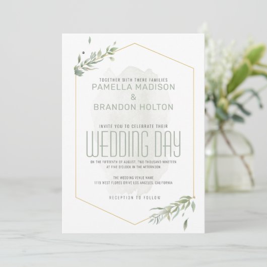 緑モダンの葉と金ゴールドフレームの結婚式の日 メニュー (スタンド正面)