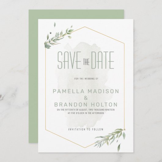 緑モダンの葉と金ゴールドフレーム日付を保存 メニュー (正面/裏面)