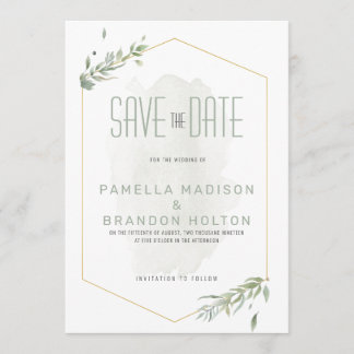 緑モダンの葉と金ゴールドフレーム日付を保存 メニュー