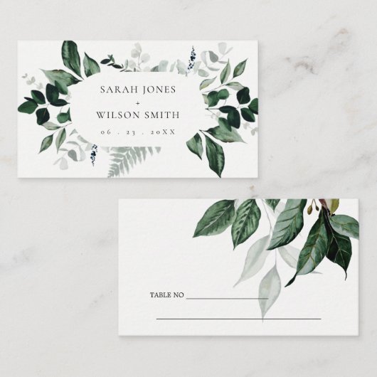 緑モダンの葉の熱帯結婚の葉の場所 プレイスカード (正面/裏面)