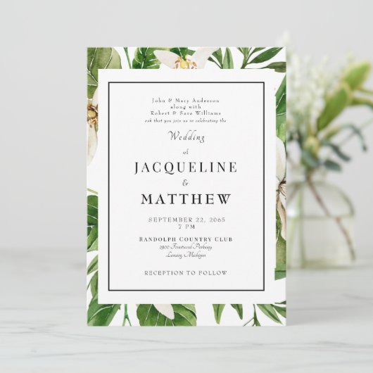 緑モダンの葉の親結婚の 招待状 (スタンド正面)