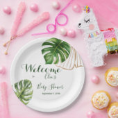 緑モダンの葉の赤男女兼用ちゃんシャワー ペーパープレート (パーティー)