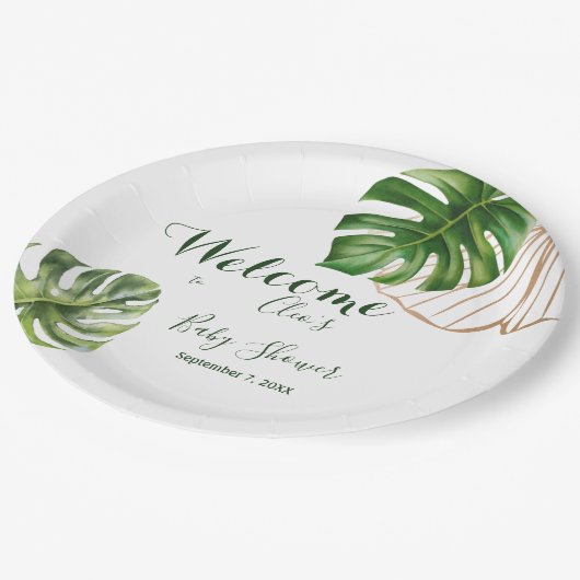 緑モダンの葉の赤男女兼用ちゃんシャワー ペーパープレート (アングル)