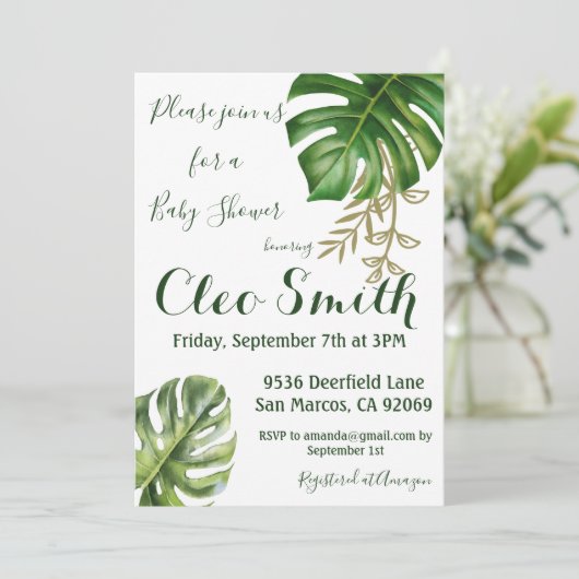 緑モダンの葉の赤男女兼用ちゃんシャワー 招待状 (スタンド正面)