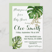 緑モダンの葉の赤男女兼用ちゃんシャワー 招待状 (正面/裏面)