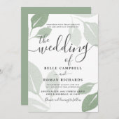 緑モダンの葉をセージ結婚 招待状 (正面/裏面)