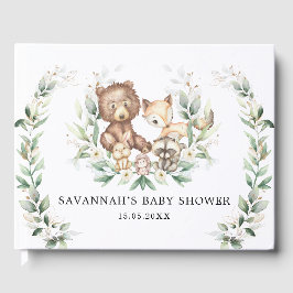 緑モダンの金ゴールドウッドランドアニマルズニュートラルベビー ゲストブック