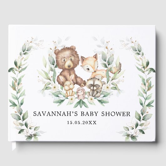 緑モダンの金ゴールドウッドランドアニマルズニュートラルベビー ゲストブック (正面)