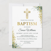 緑モダンの金ゴールドクロスグリッターバプテスマ 招待状 (正面)