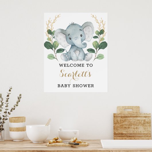 緑モダンの金ゴールド象の赤ちゃんシャワーへようこそ ポスター (キッチン)