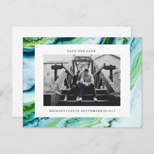 緑モダンの青い大理石の写真の日付を保存 案内ポストカード (正面/裏面)
