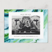 緑モダンの青い大理石の写真の日付を保存 案内ポストカード (正面)