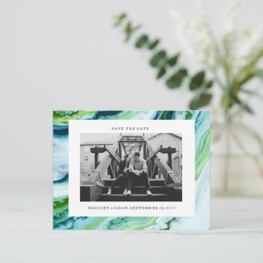 緑モダンの青い大理石の写真の日付を保存 案内ポストカード (スタンド正面)