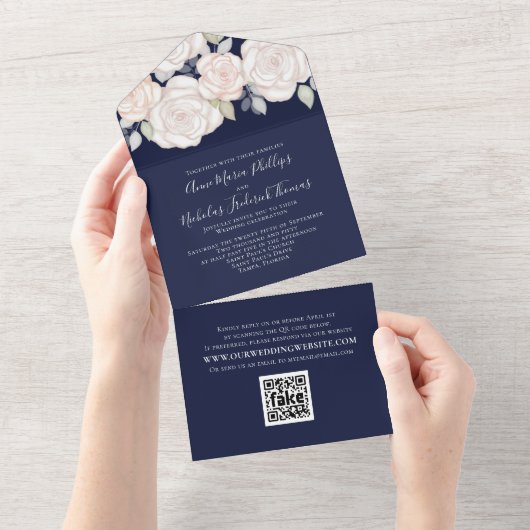 緑モダンエレガントのフローラ水色QRコード オールインワン招待状 (貼ってはがせる)