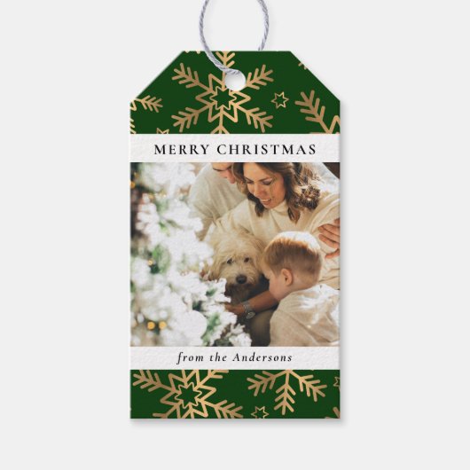 緑モダンエレガントの金ゴールドクリスマス家族の写真 ギフトタグ (正面)