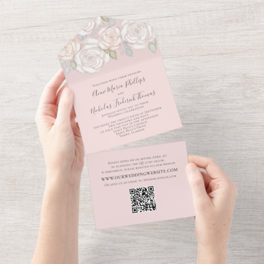 緑モダンエレガント色フローラQRコード オールインワン招待状 (貼ってはがせる)