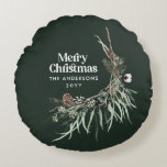 緑モダンエレガント色植物学 ラウンドクッション<br><div class="desc">濃い緑のモダン素朴な水の色の乾燥エレガント植物性フローラ消色の色クリスマスの装飾。</div>