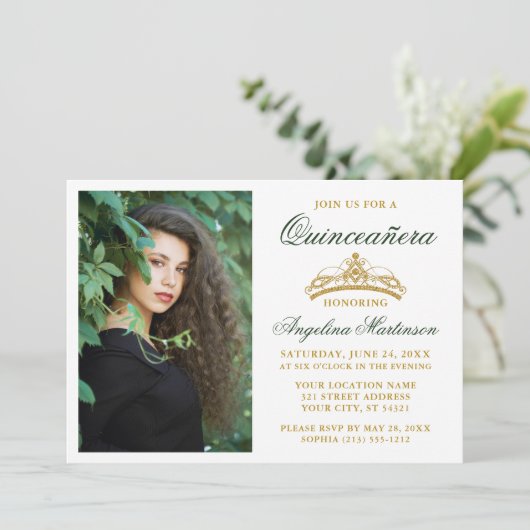 緑モダンエレガント金ゴールドクラウン写真キンセアニェラ 招待状 (スタンド正面)