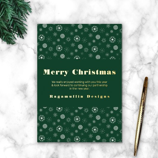 緑モダンエレガント金ゴールドスノーフレーククリスマスカード 箔シーズンカード