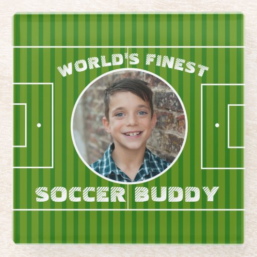 緑モダンサッカー場のカスタム写真 ガラスコースター (正面)