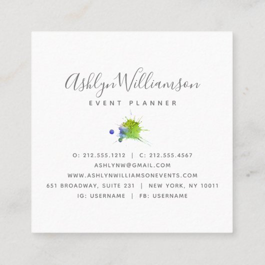 緑モダンターコイズブルー水彩（ばちゃばちゃ）跳ねる スクエア名刺 (裏面)