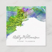 緑モダンターコイズブルー水彩（ばちゃばちゃ）跳ねる スクエア名刺 (正面)