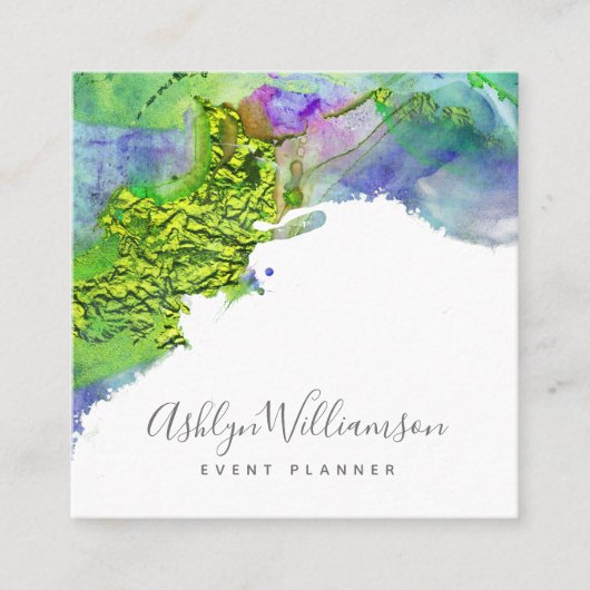 緑モダンターコイズブルー水彩(ばちゃばちゃ)跳ねる スクエア名刺 (正面)