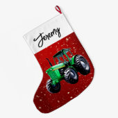 緑モダントラクター赤 ラージクリスマスストッキング (裏面 (吊り時))