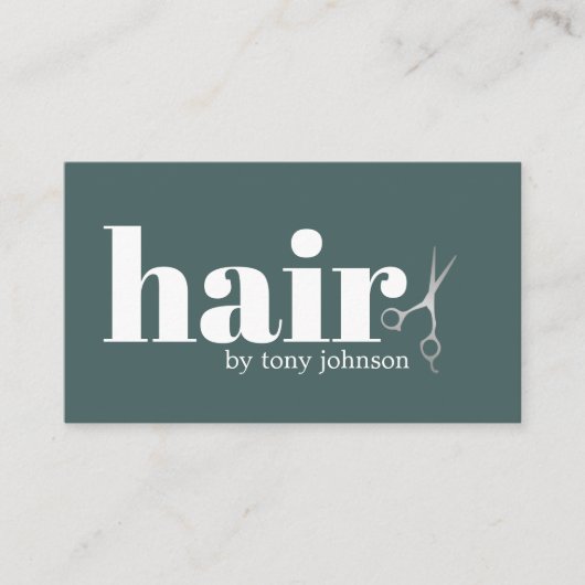 緑モダンフェイクはっきりした銀はさみ美容師 名刺 (正面)