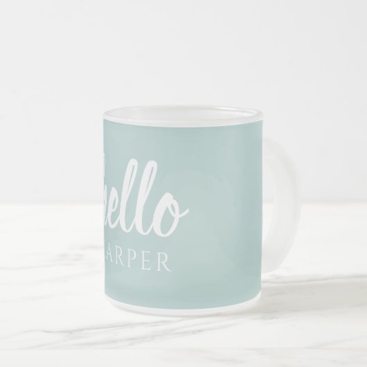 緑モダンミニマルと白こんにちは フロストグラスマグカップ (正面右)