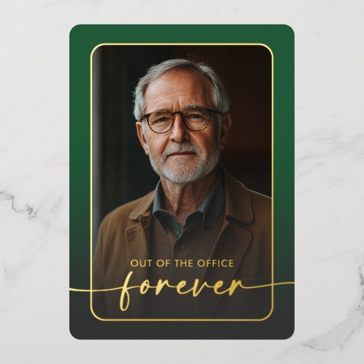 緑モダンミニマル写真退職パーティー 箔招待状 (正面)