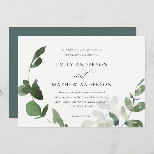 緑モダンユーカリ葉水色結婚の 招待状 (正面/裏面)