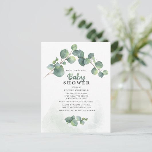 緑モダンユーカリ赤ちゃんシャワー招待状 ポストカード (スタンド正面)