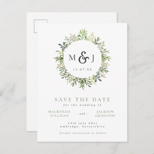 緑モダンリースモノグラ結婚ム救ズD 案内ポストカード (正面/裏面)