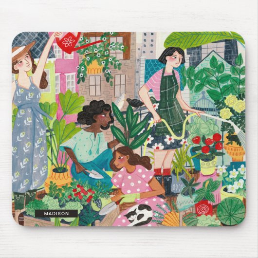 緑モダン人園芸イラストレーション マウスパッド (正面)