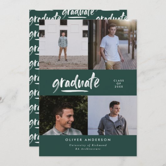 緑モダン光数々のタイポグラフィ卒業 招待状 (正面/裏面)