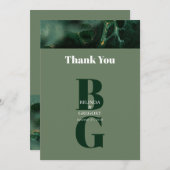緑モダン大理石モノグラム結婚ズ サンキューカード (正面/裏面)