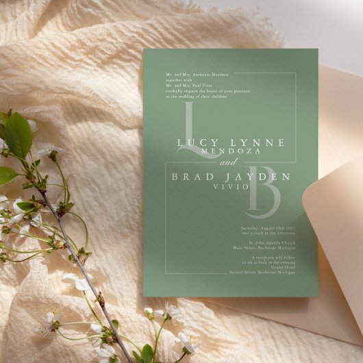 緑モダン幾何学的イニシャル結婚式の招待 招待状