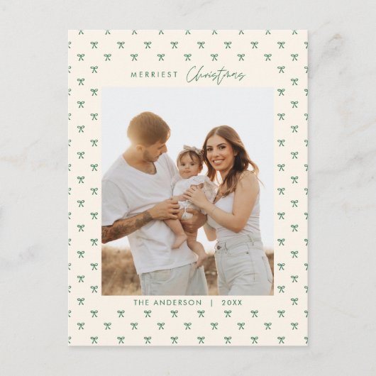 緑モダン弓パターンファミリーフォトクリスマス ポストカード (正面)