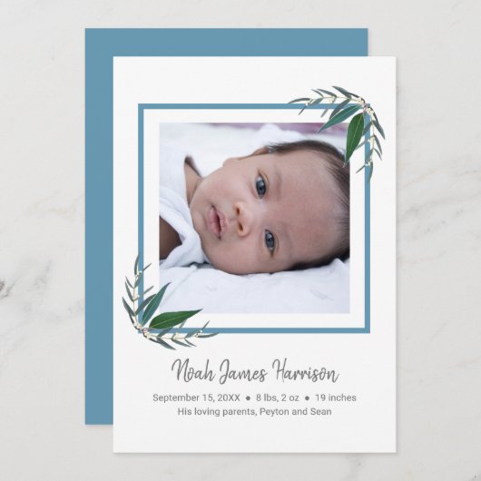 緑モダン新生児ボーイフォト誕生 案内状 (正面/裏面)
