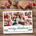 緑モダン書道5写真家族クリスマス ポストカード<br><div class="desc">書道モダン脚本5写真家族フォトコラージメリークリスマスハガキに水彩クリスマスホリーベリーが含まれる – 緑のスクリプト</div>