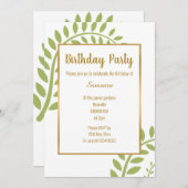 緑モダン植物性ファーンホワイト誕生日 招待状 (正面/裏面)