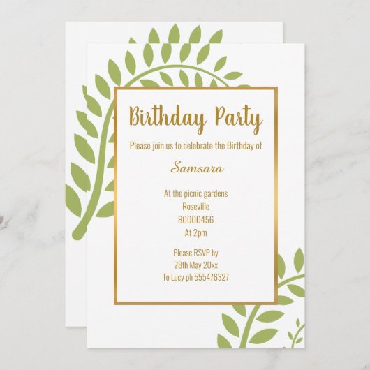 緑モダン植物性ファーンホワイト誕生日 招待状 (正面/裏面)
