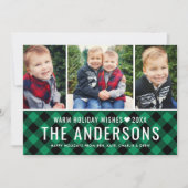 緑モダン水牛のプレイド家族の写真コラージュ シーズンカード (正面)