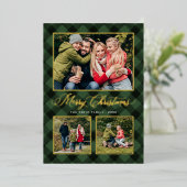 緑モダン水牛プレイドクリスマスフォトコラージュ 箔シーズンカード (立ち正面)
